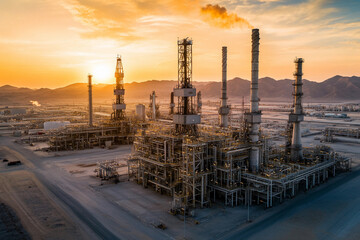 Poster - Industrial complex under sunset in vast landscape