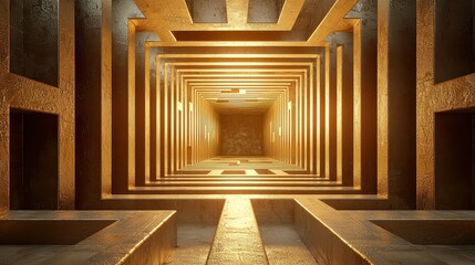 Poster - Golden labyrinth design, intricate paths weaving through an open area, shimmering hues reflecting light, inviting exploration and contemplation in a vibrant setting
