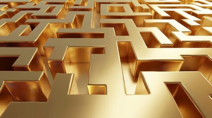 Poster - Golden labyrinth design, intricate maze patterns, vivid hues of gold, captivating shapes, inviting exploration, endless pathways, sophisticated elegance, harmonious composition, striking visuals.