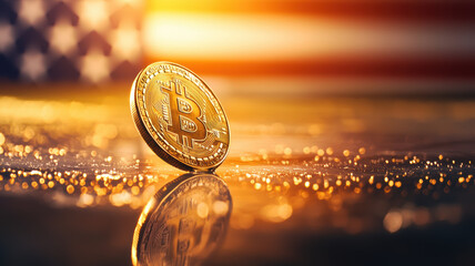 Poster - Bitcoin coin reflecting light with American flag in background