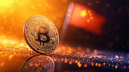 Poster - Bitcoin coin with Chinese flag in background, symbolizing finance
