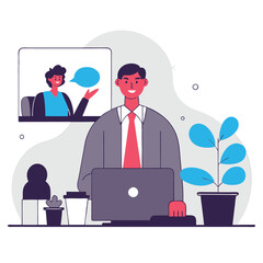 Poster - A digital illustration featuring a business person in a meeting with a multicultural team via video call, with plants and a laptop on the desk.