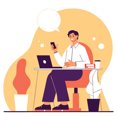 Poster - An illustration of a young european man with blonde hair sitting at a desk in a cozy home office, engaged with a smartphone. He is relaxed and focused.
