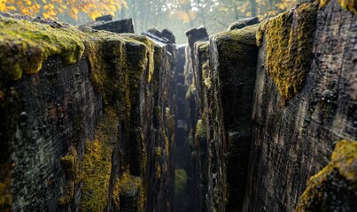 Mossy stone fissure, autumn forest, sunlight, nature, background for website