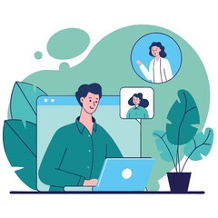 Poster - This illustration features a person of mixed ethnicity using a laptop for a video call. It includes vibrant plants and a lively background.