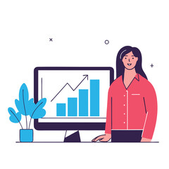 Poster - Two women, one with light skin and one with dark skin, are standing beside a computer displaying bar graphs and surrounded by plants, representing teamwork in business.