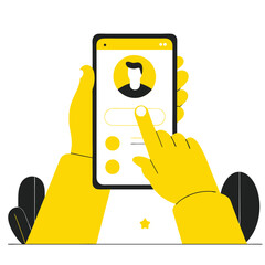 Poster - A pair of hands, illustrated in blue and yellow colors, interacting with a mobile device screen showing a profile. The style is cartoonish.
