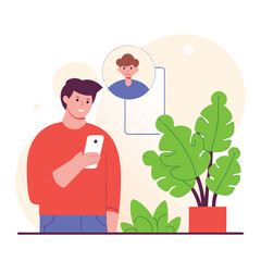 Poster - An illustration of a man with fair skin using a smartphone amidst various colorful plants. The scene conveys a relaxed vibe with modern design elements.