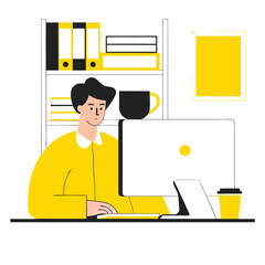Poster - A cartoon illustration shows a person with light skin working at a desk. The scene features a computer, office supplies, and coffee cups.