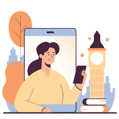 Poster - A young European woman smiles while holding a smartphone, surrounded by illustrated landmarks and books in a vibrant, flat design.