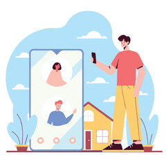 Poster - A colorful illustration depicting a young european man engaging with digital communication through a smartphone, with a friendly atmosphere.