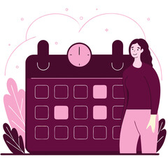 Poster - A stylish illustration featuring a person standing next to a green calendar. The design includes various leaf patterns and a blend of shapes in a modern artistic style.