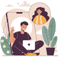 Poster - This illustration depicts a diverse group engaged in a virtual meeting from home. European and Asian characters are represented in a casual setting.