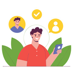 Poster - A young man with curly hair, sitting in a modern setting, interacting with a smartphone. The background includes digital icons and abstract shapes.