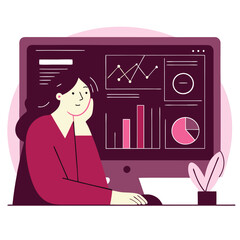 Poster - A businesswoman of ambiguous ethnicity works diligently at her computer, surrounded by graphs and data visualizations, with a plant beside her.