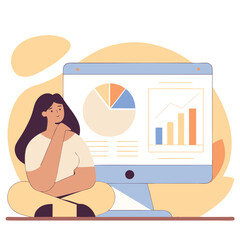 Poster - A thoughtful woman with European features consulting data visualizations on a computer screen, reflecting on trends and charts. Ideal for business concepts.
