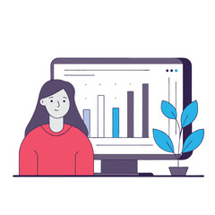 Aufkleber - An illustration of an African woman sitting at a desk with a computer showing graphs, alongside potted plants. The scene reflects a modern work environment.