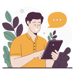 Poster - A young man of European descent is engaging with a tablet, surrounded by stylized plants and bubbles, in a creative illustration style.