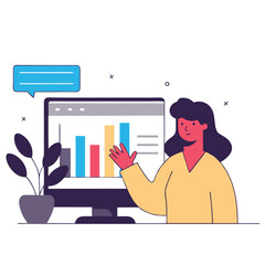 Poster - a woman of european descent stands beside a computer, enthusiastically presenting data visualization
