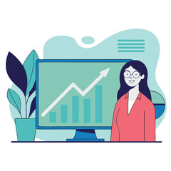 Poster - A professional illustration depicting a woman of African descent standing next to a growing graph, showcasing business success with plants in the background.