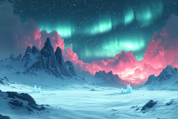 Poster - Pink aurora borealis lights snowy mountainscape