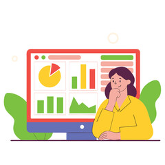 Poster - A businesswoman, with light skin, is thoughtfully reviewing financial data on a computer screen, highlighting diversity in the workplace. Her surroundings are vibrant and colorful.
