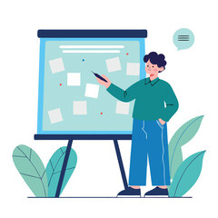 Poster - A diverse professional individual engages in a business presentation next to a board filled with notes, featuring modern plants and a creative workspace.