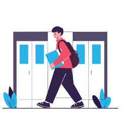 Poster - An illustration of a student walking in a school corridor, carrying books. The design features vibrant colors with plants surrounding the scene.