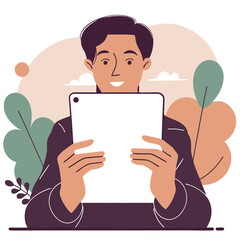 Poster - A European man is engaged with a tablet, surrounded by colorful leaves and abstract shapes in a digital art style. The artwork features a modern look with a serene feel.