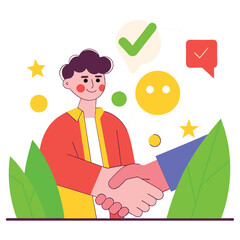 Poster - Illustration of a conceptual handshake between a diverse pair of people, symbolizing unity and cooperation in a colorful and modern design.