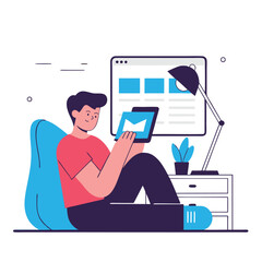 Poster - An illustration of a young European man relaxing on a sofa, using a tablet. A stylish lamp and a plant add to the cozy atmosphere.