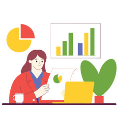 Poster - A professional european woman engages with data charts at her desk, using modern tools in a creative workspace. Positive and focused atmosphere.