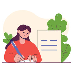 Poster - A European artist with colored hair is drawing at a desk, surrounded by plants. The illustration showcases creativity and the artistic process in a vibrant setting.