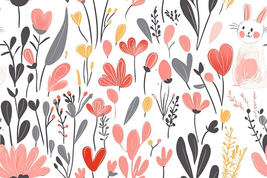 Cute vertical border vector seamless pattern, kawaii bunny rabbit and flowers. Hand-drawn animal character.