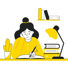Poster - A person with curly hair is writing at a desk filled with books and a lamp. The background has plants and a dark theme. They appear focused and studious.