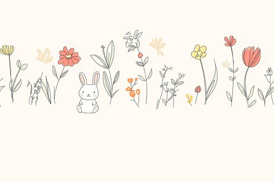 Cute vertical border vector seamless pattern, kawaii bunny rabbit and flowers. Hand-drawn animal character.