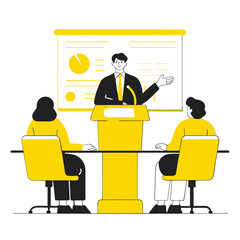 Poster - A diverse group of professionals engaged in a meeting. An Asian presenter speaks at the forefront while colleagues listen attentively. The atmosphere is dynamic and collaborative.