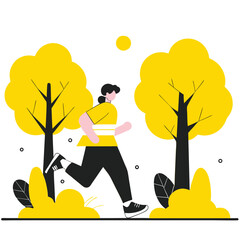 Poster - A cartoon illustration of an athletic person jogging through a stylized forest, showcasing vibrant colors and trees. The individual appears to be of mixed ethnicity.