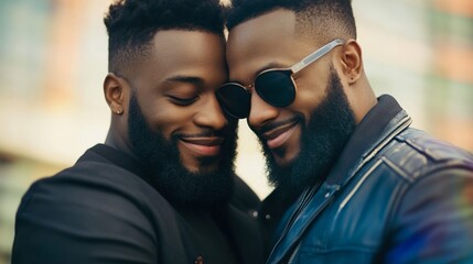 Wall Mural - Two stylish African American men sharing a genuine moment of joy and brotherhood, wearing fashionable outfits and well-groomed beards against a soft bokeh background.