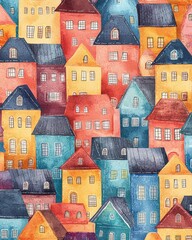 Wall Mural - A watercolor painting of the houses in wallpaper style, with a seamless pattern of colorful buildings arranged to create an abstract cityscape. 