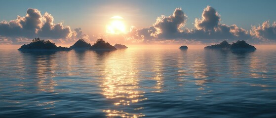 Sticker - Serene sunset over tranquil islands, golden water.