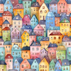 Wall Mural - A watercolor painting of the houses in wallpaper style, with a seamless pattern of colorful buildings arranged to create an abstract cityscape. 