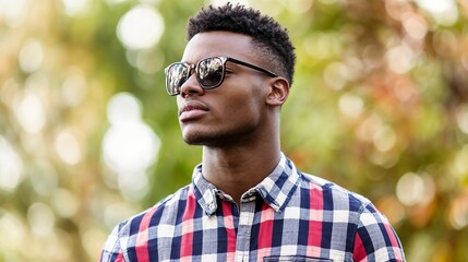 Wall Mural - Young African man in plaid shirt and sunglasses with bokeh background. Perfect for fashion editorials, summer lifestyle, or modern youth culture.