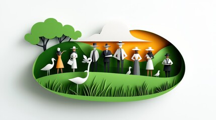 Poster - A clean and elegant paper cut design of people in different professions--farmer, lawyer, and writer--standing together. The logo highlights unity and the collective power of various careers.