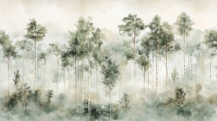 Wall Mural - Pastel Misty Forest, Watercolor Birch Trees in Sage Green, Tranquil Nature Background