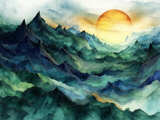 Poster - Serene sunset over layered teal mountains