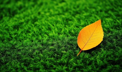 Wall Mural - Single orange leaf on green moss, autumn nature background, peaceful scene, website design