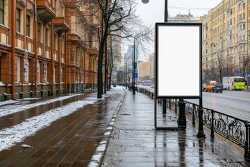 Poster - a city street features a vertical blank billboard, with buildings and a road filled with cars visibl