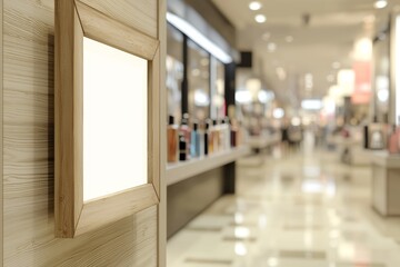 Poster - a vacant wooden frame poster stand is positioned on a glass window at the front of a store, showcasi