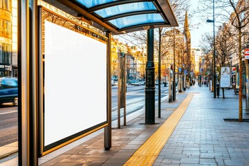 Poster - a vertical blank white billboard stands at a bus stop on a city street, with buildings and a road vi